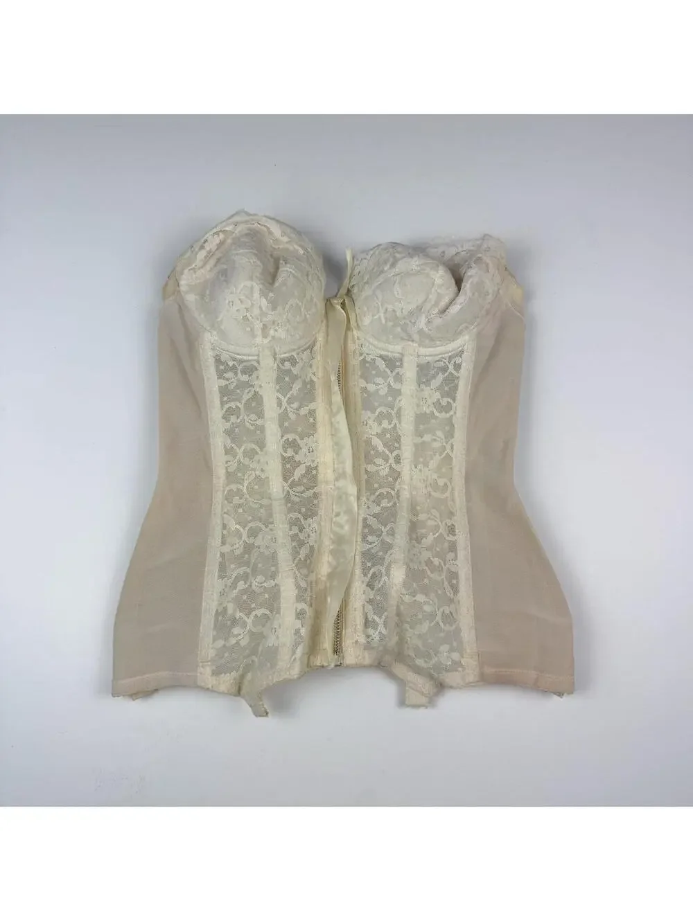 Cream ivory lace panel zip side corset bustier size 36 Cara Mia vtg